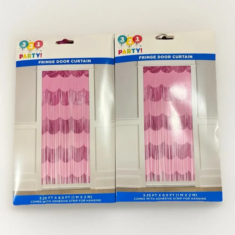 Pink Fringe Door Curtain 2 Pack Party Streamer Backdrop 3.25x6.5ft Scalloped